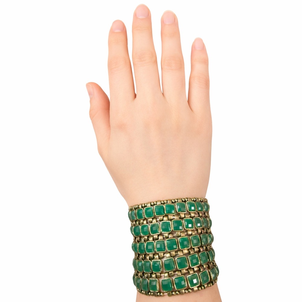 Green Multifaceted Gems Gold Beads Cuff Bracelet Stretch